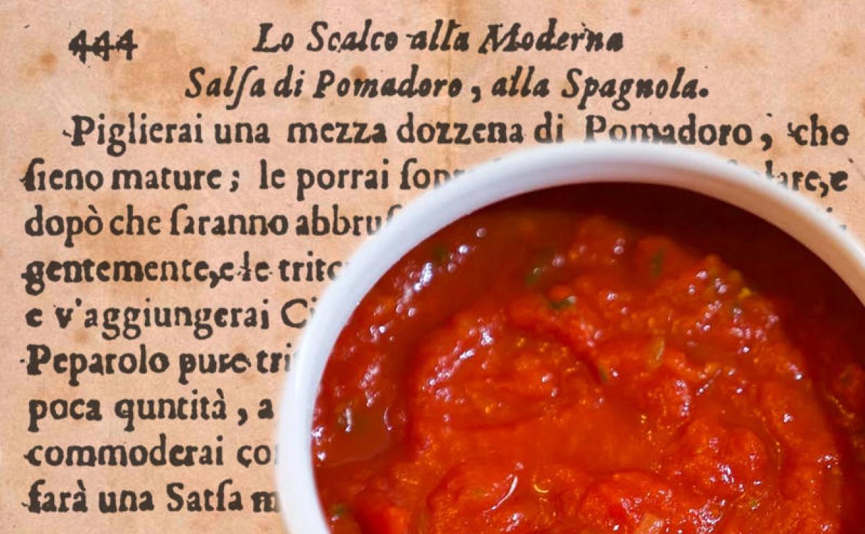 Cuenco con salsa de tomate y receta para la misma de Antonio Latini (1692).