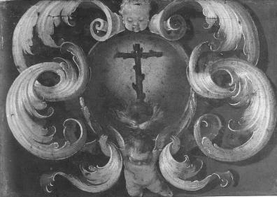 Imagen secundaria 1 - Arriba, grabado de Puerta del Mar a principios del siglo XIX, el lugar donde unas décadas antes tenían lugar los ajusticiamientos. Abajo, a la izquierda, escudo de la Hermandad de la Caridad. Al lado, iglesia de San Julián, donde recibieron sepultura algunos reos 