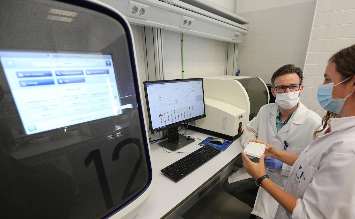 Los técnicos del laboratorio PCR de la Universidad Diego Lozano y Josefa Gómez. 