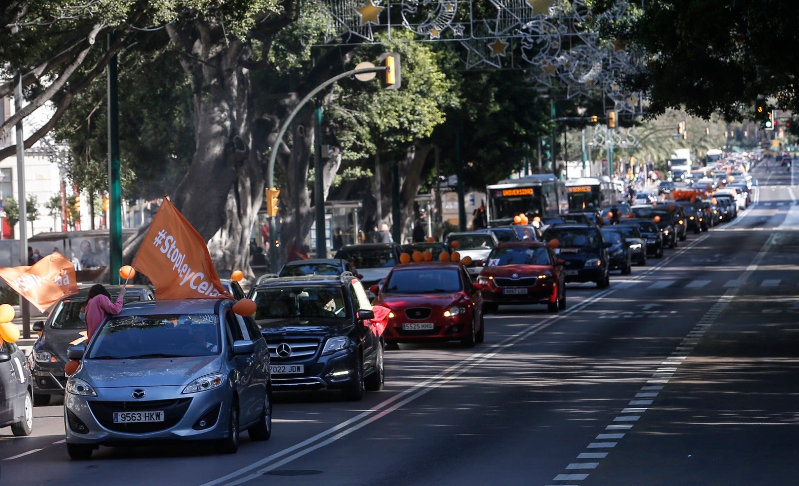 Convocada por la plataforma Más libres, Más plurales, Más iguales -reúne a centros privados y privados concertados- profesores, padres y ciudadanos se han montado en sus vehículos para denunciar esta nueva ley educativa.