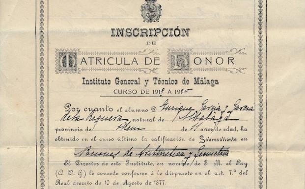 Calificación de Enrique García (aún no era García -Herrera) obtenida en la asignatura de arítmética en segundo de bachiller. Archivo familia García-Herrera