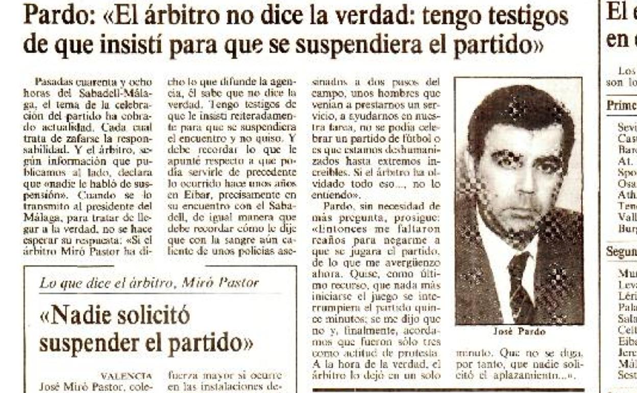 Crónica de SUR en la que el entonces presidente del Málaga, José Pardo, aseguraba que había solicitado la suspensión del partido 