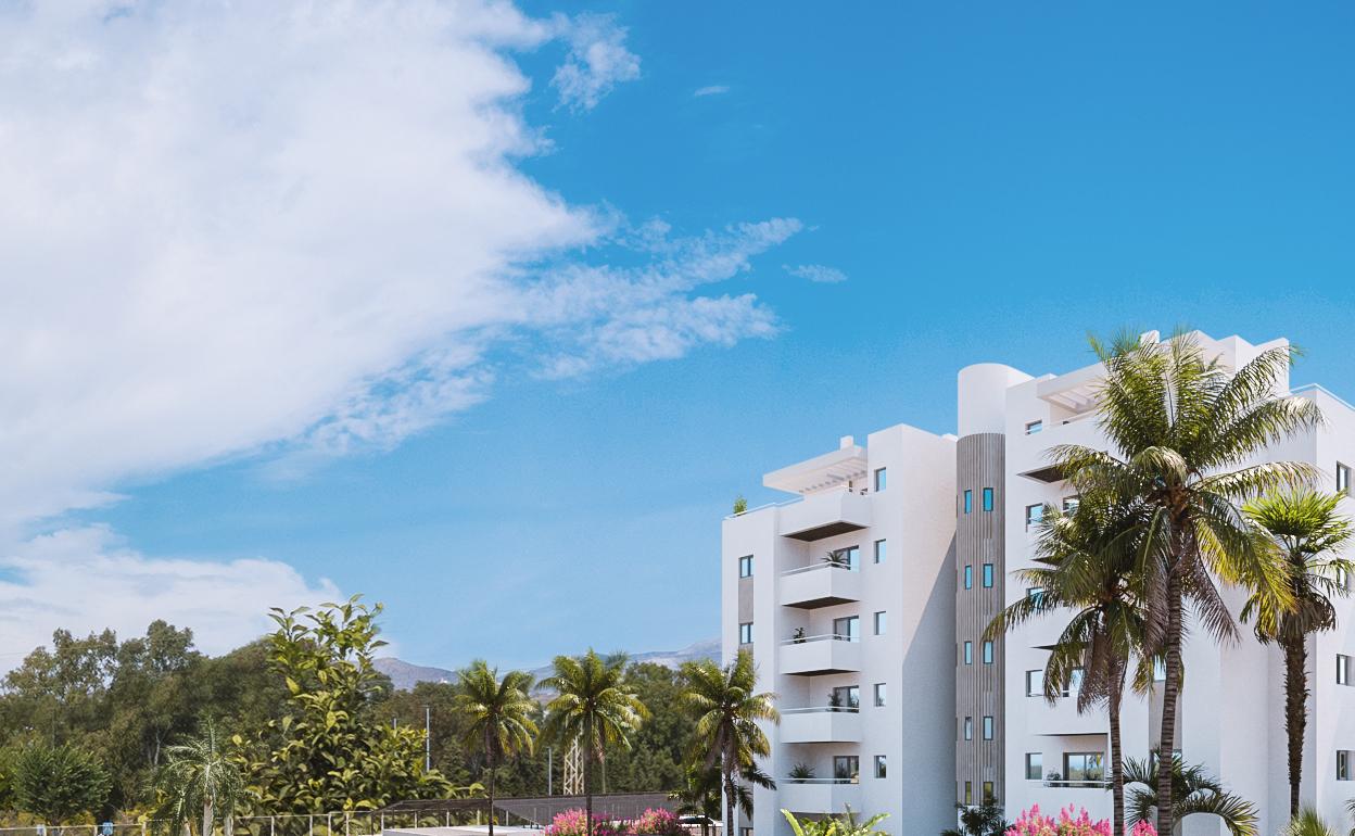 Recreación de cómo quedará el edificio de viviendas, que contará con piscina, zonas verdes y un espacio para los huertos de los vecinos. 