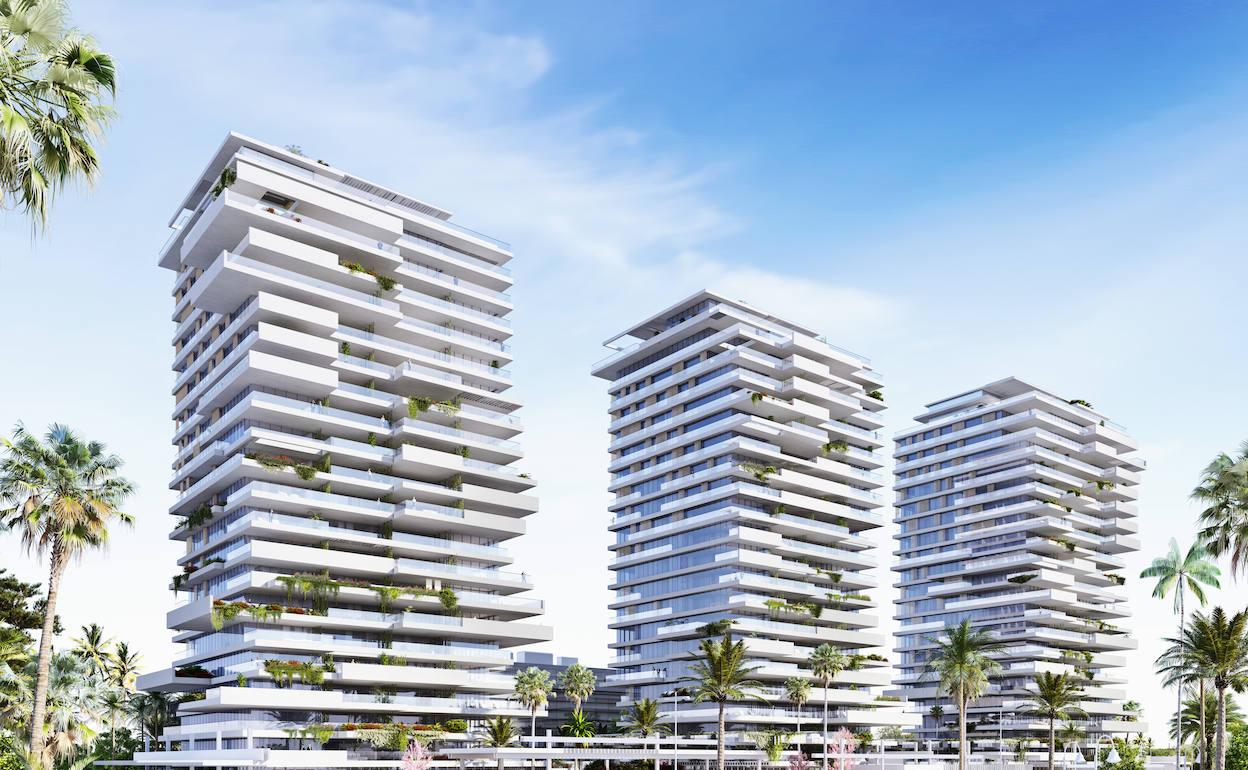 Recreación de las tres torres de 21 plantas proyectadas en la parcela de Torre del Río. 