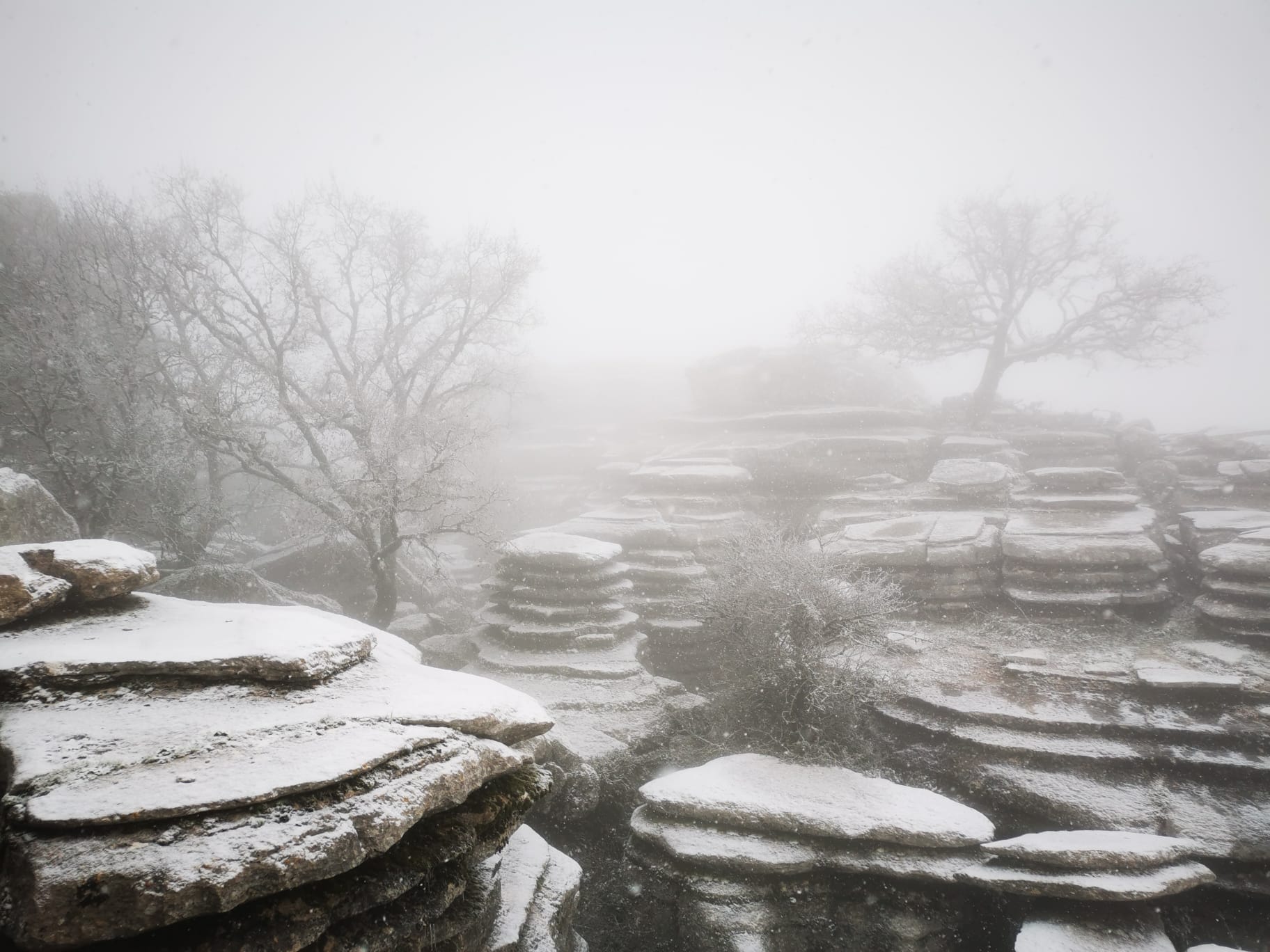 El Torcal de Antequera, bajo un manto blanco esta mañana.