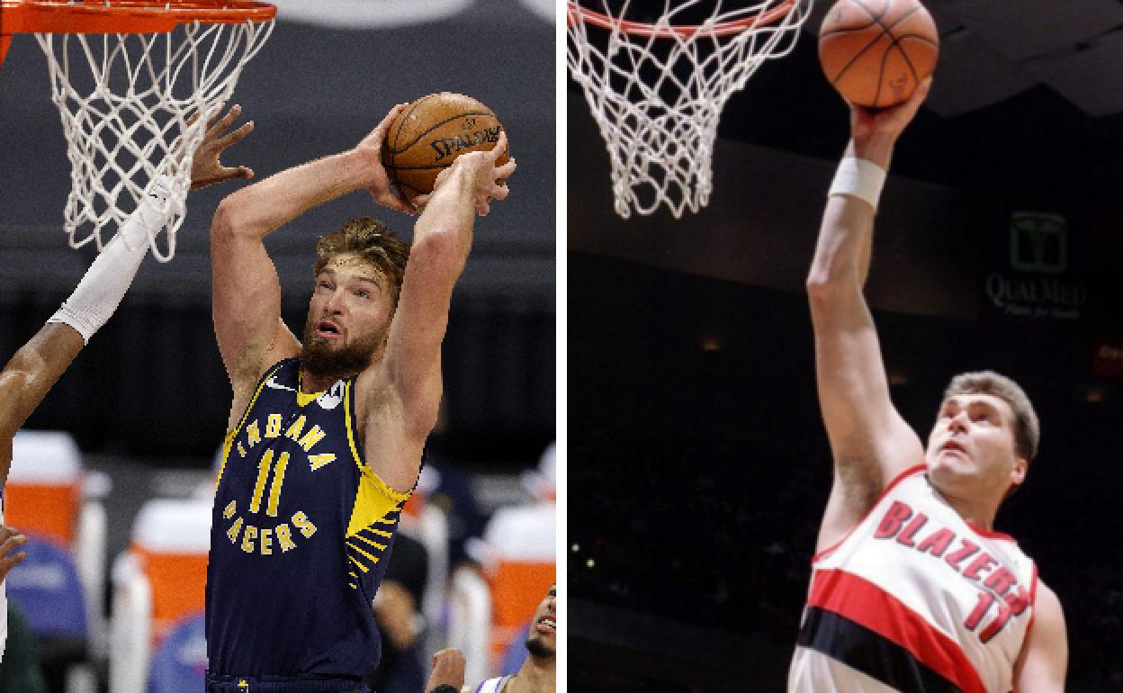 Domantas Sabonis, durante el partido de ayer ante los Kings, y su padre con la camiseta de Portland en una imagen de archivo. 