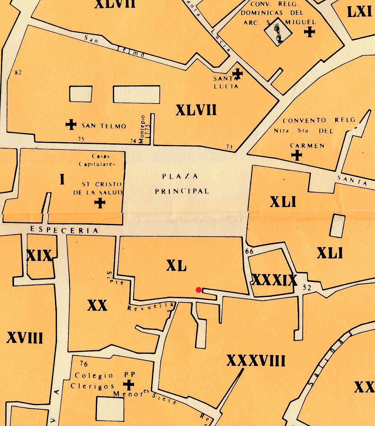 Plano de la Plaza Principal y aledaños en 1791, por Carrión de Mula. Con un punto rojo, el lugar donde estaba el postiguillo.