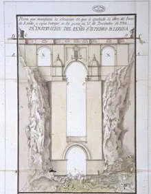 Imagen secundaria 2 - Órgano de la Catedral de Málaga. Abajo, Puente Nuevo sobre el Tajo de Ronda y plano del Puente Nuevo, realizado por José Martín de Aldehuela en 1787 (Archivo Municipal de Málaga).