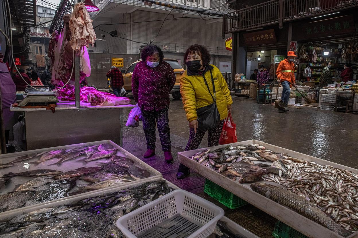 Una mujer elige pescado en un mercado del centro de Wuhan. efe