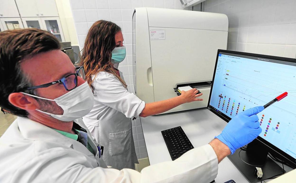 Josefa Gómez y Diego Lozano, técnicos del laboratorio de Genómica de la UMA. 