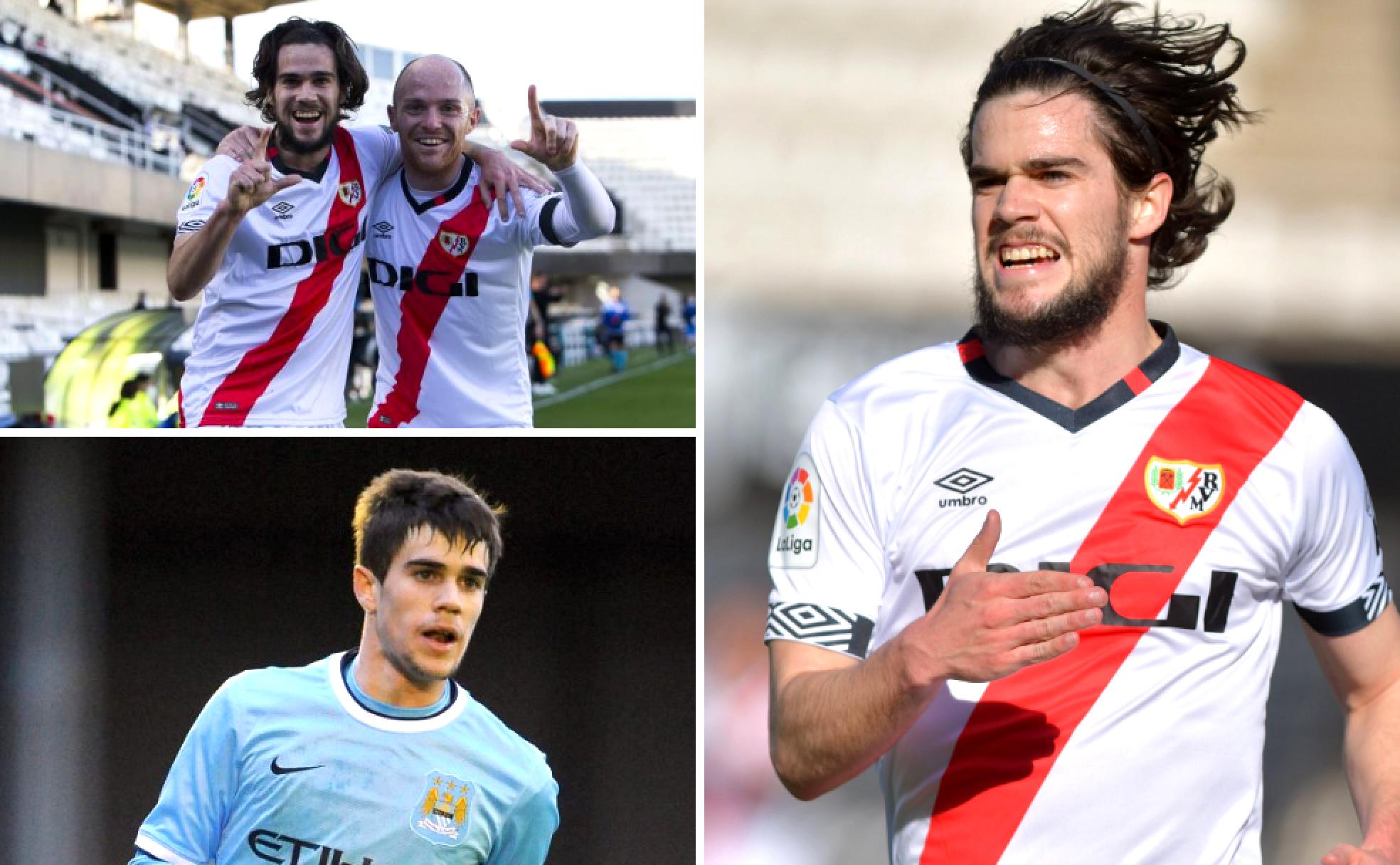 Pozo celebra su gol del pasado sábado contra el Cartagena (i). Abajo, una imagen del futbolista malagueño en la cantera del Manchester City, donde debutó con Pellegrini en el primer equipo. 