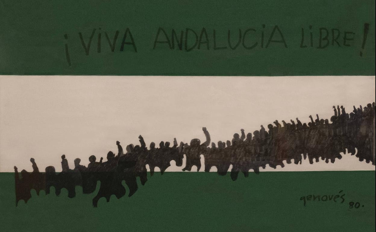 La bandera de Juan Genovés. El Parlamento andaluz exhibe este cuadro que Rafael Escuredo recibió del pintor en 1980 en apoyo a la defensa de la autonomía de Andalucía. 