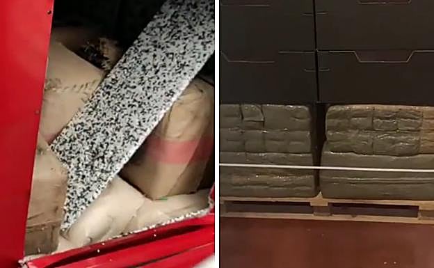 Droga oculta en el interior de un aparato industrial de aire acondicionado (izquierda) y bajo cajas de lechugas (derecha).