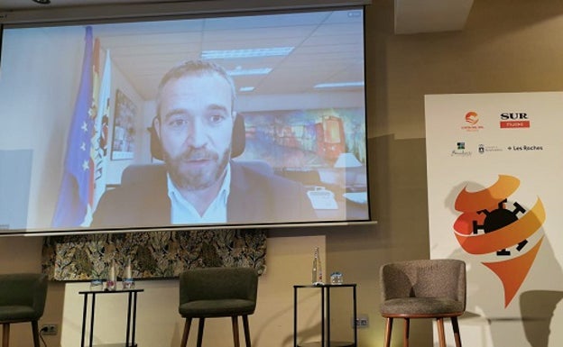 La imagen muestra a Miguel Sanz durante su intervención telemática en el foro organizado por SUR. 