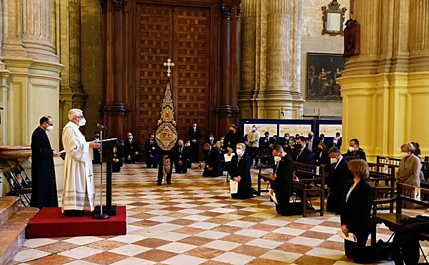 Histórica estación de penitencia de Viñeros y otras cuatro cofradías ante el monumento de la Catedral
