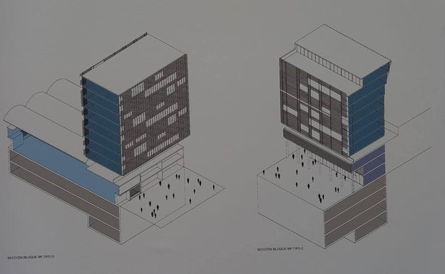 Detalle de los edificios híbridos, para actividad ferial y oficinas