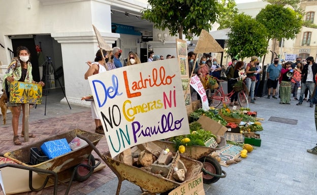 Imagen principal - Tres imágenes de la protesta que ha tenido lugar este jueves junto al Ayuntamiento nerjeño. 