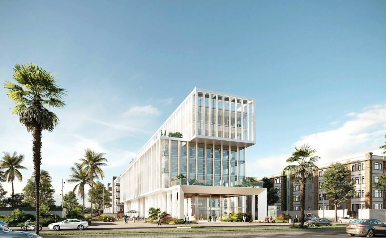 Recreación del edificio de oficinas que se levantará junto a la parcela de Tabacalera. 