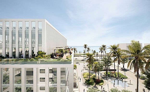 Recreación del edificio y el paseo marítimo de Poniente, al fondo. 