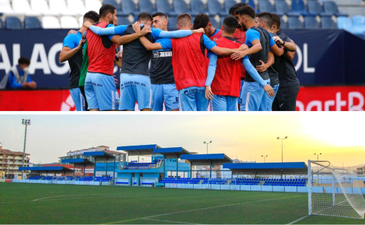 Arriba, jugadores del Málaga de la temporada pasada. Abajo, panorámica de la tribuna del estadio del Vélez, el Vivar Téllez.