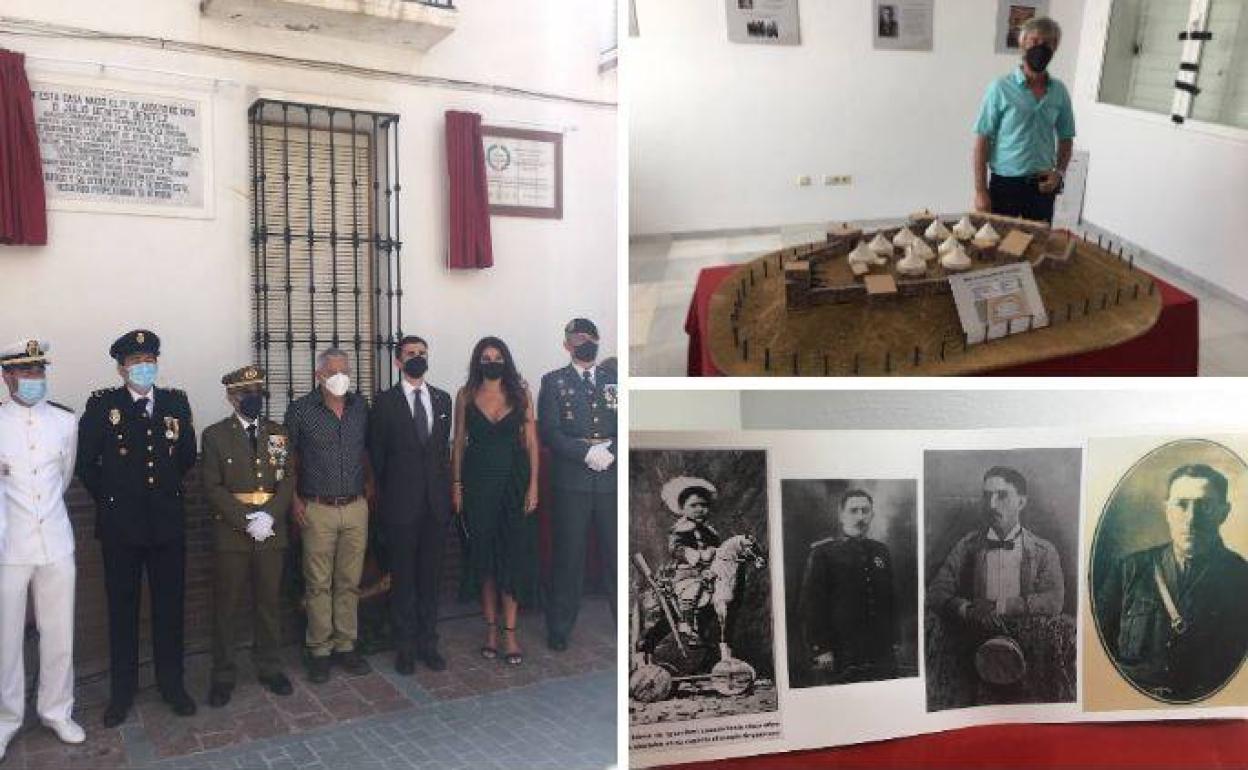 Autoridades civiles y militares y representantes de Turóbriga tras la inauguración. Joaquín García Agüera con la maqueta de la posición de Igueriben. Fotos del comandante Benítez en diferentes fases de su vida.. 