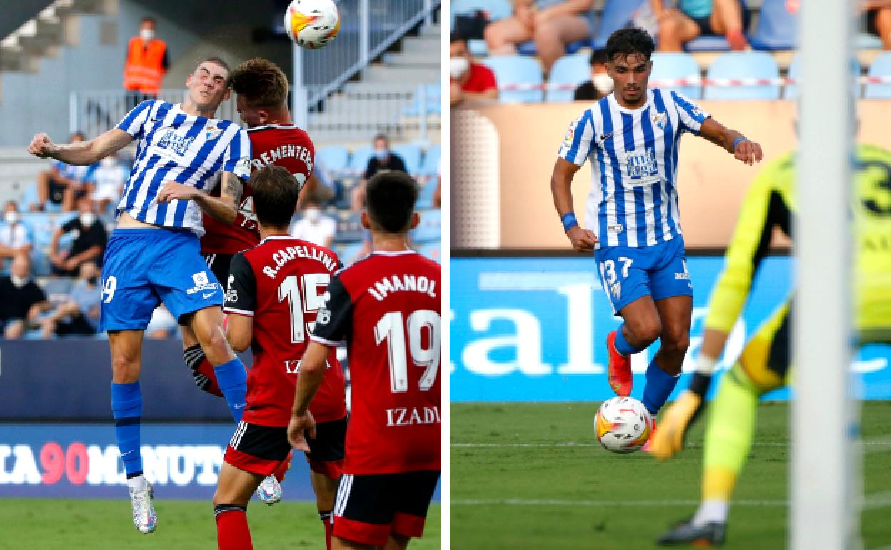 Los canteranos del Málaga, Roberto y Kevin, durante el partido contra el Mirandés. 