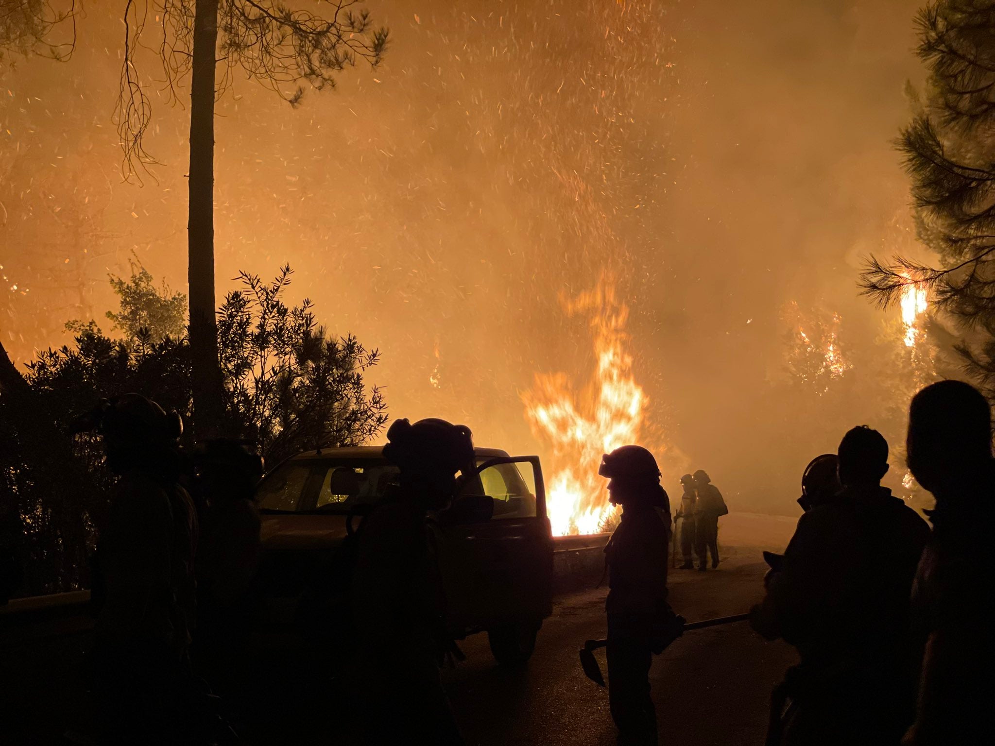 Más de 250 profesionales de Málaga, Granada, Cádiz, Córdoba, Jaén y Sevilla trabajan desde anoche en la zona de Sierra Bermeja donde se ha tenido que cortar al tráfico un tramo de la AP-7 y otras dos carreteras ante el avance de las llamas