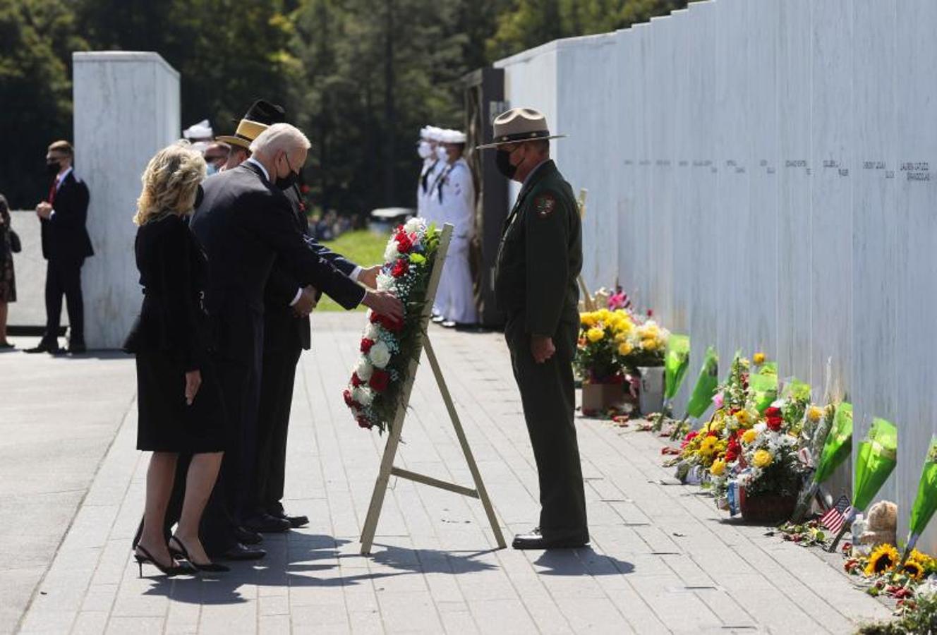 Joe Biden, en Pensilvania, donde se estrelló el avión con pasajeros que los terroristas trataron de estrellar contra el Capitolio.