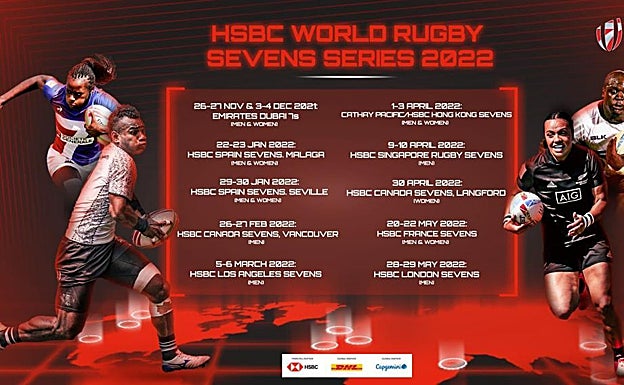 El cartel de las sedes y fechas de las Series Mundiales de Rugby Seven de 2022. 