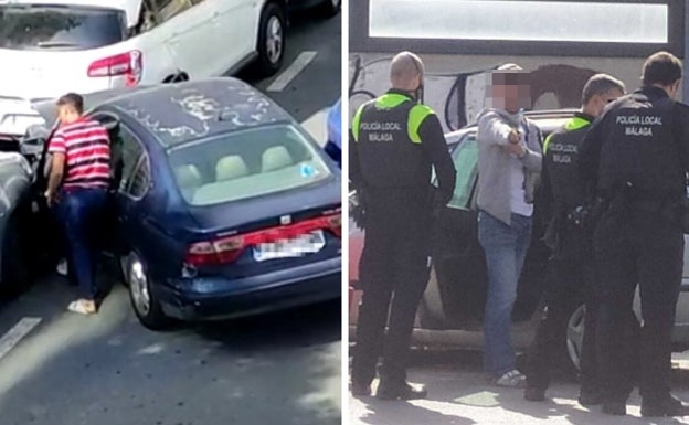 A la izquierda, momento en el que el supuesto ladrón abandona el vehículo tras estrellarlo. A la derecha, detención del sospechoso. 