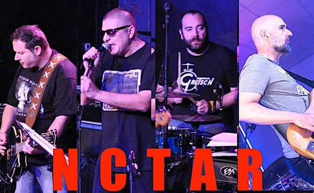 Imagen principal - Arriba, el grupo NCTAR en su retorno actual. Debajo, la banda malagueña con Germán Coppini al frente, en Huelin en octubre de 2013 y la portada de su primer disco.