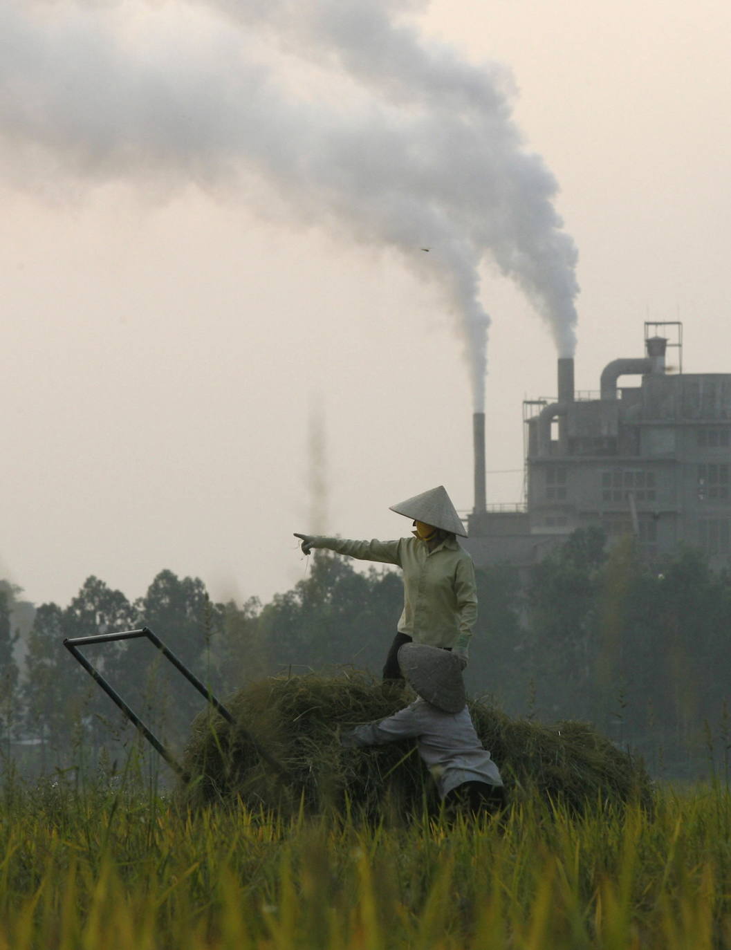 Los agricultores trabajan en un campo de arroz cerca de una fábrica de cemento en la aldea de Sai Son, en las afueras de Hanoi, el 23 de septiembre de 2009. Los líderes mundiales intentaron impulsar las conversaciones sobre el cambio climático, pero las nuevas propuestas de China y un grito de guerra del presidente de Estados Unidos, Barack Obama, hicieron poco para romper un estancamiento de las Naciones Unidas