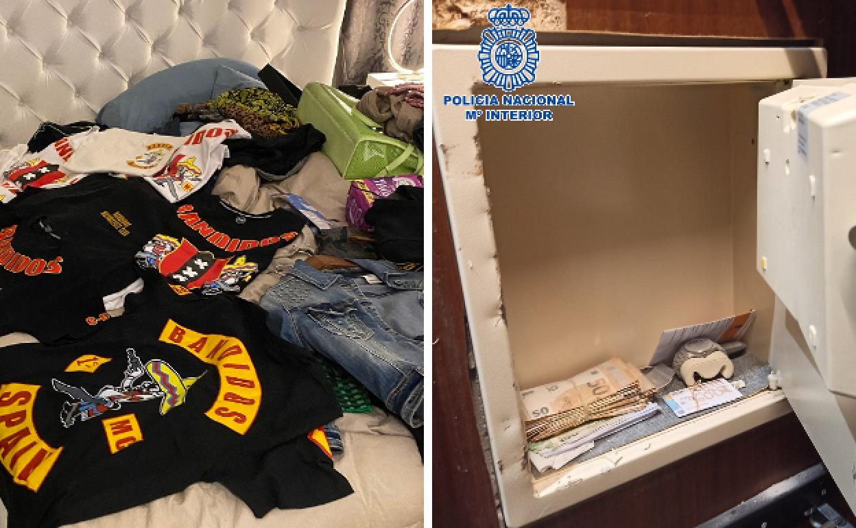 Ropa con las insignias de la banda de moteros y dinero incautado.