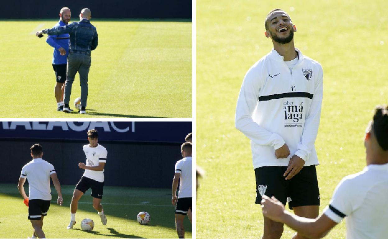 Varios momentos del entrenamiento del Málaga este jueves: José Alberto López con Manolo Gaspar; Hicham sonrié de nuevo en su vuelta al trabajo con el grupo; y Larrubia es uno de los canteranos que regresan a la dinámica del primer equipo.