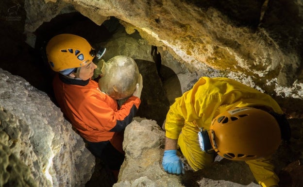 Recuperan una vasija del neolítico final en una estrecho hueco de la cueva. 