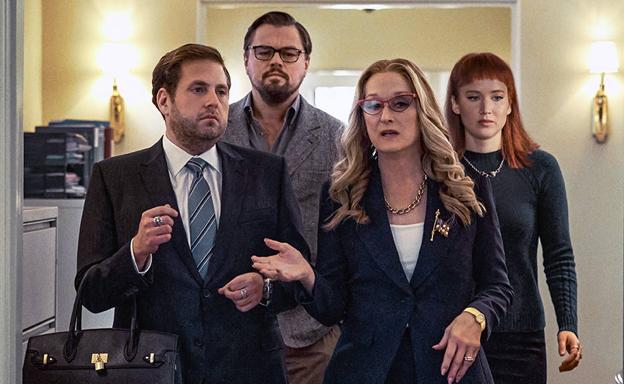 Leonardo DiCaprio junto a Jonah Hill, Meryl Streep y Jennifer Lawrence.