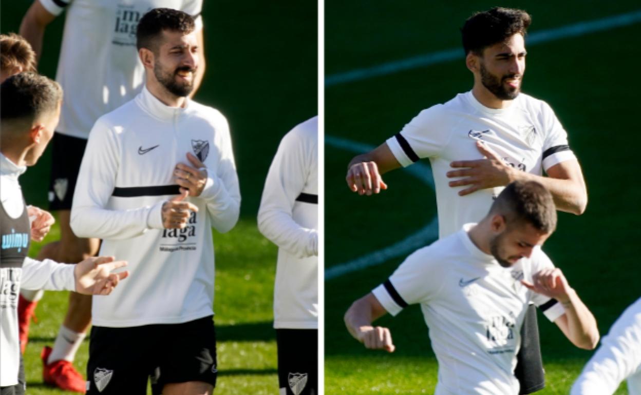 Álvaro Vadillo y Juande, jugadores del Málaga, durante el entrenamiento de este viernes en La Rosaleda.