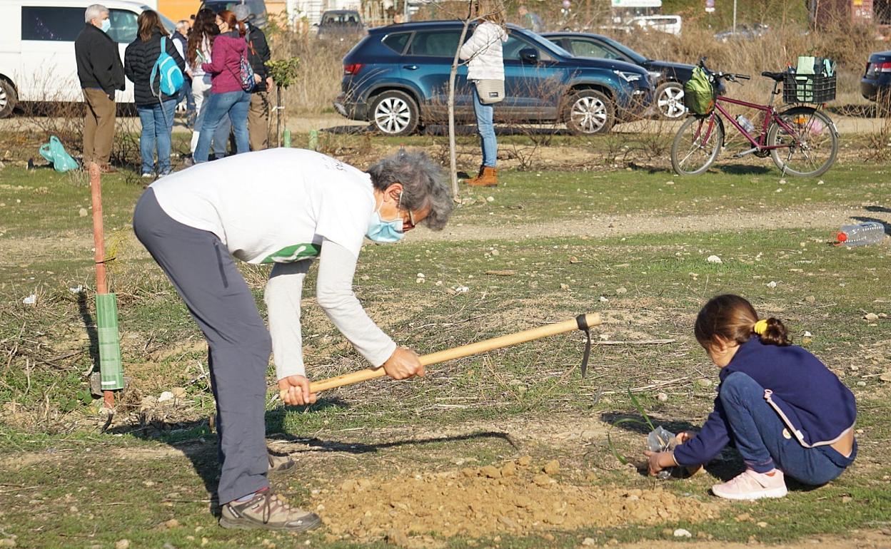 Abuela y nieta participan en la plantación de distintas especies. 