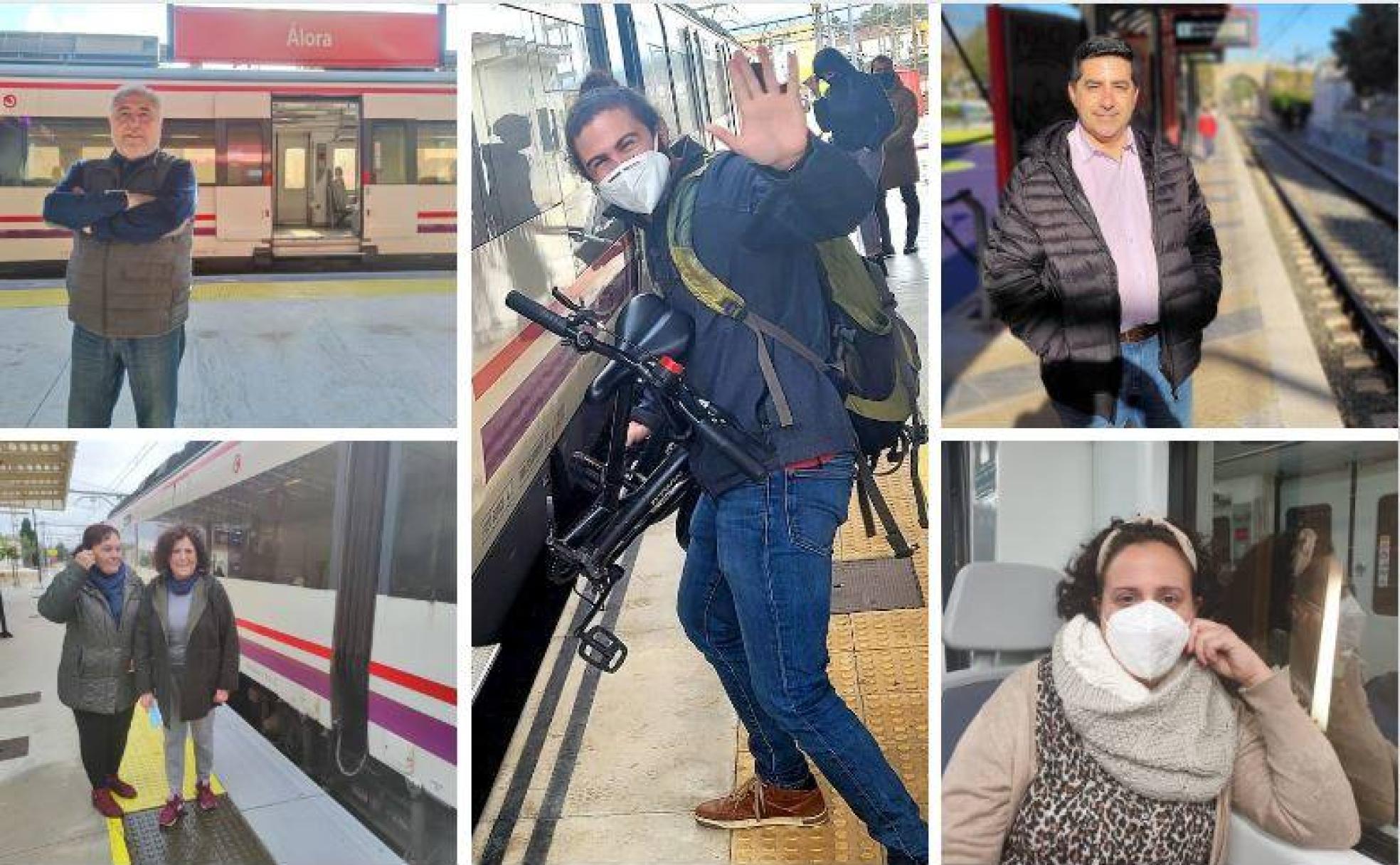 El profesor Evan Sloan (centro), Salvador Ros en la estación de Álora (arriba, izquieda); María JIménez y su prima en Pizarra; Paco Moya (arriba, derecha) y Mayte Rivero (abajo, derecha), en el tren. 