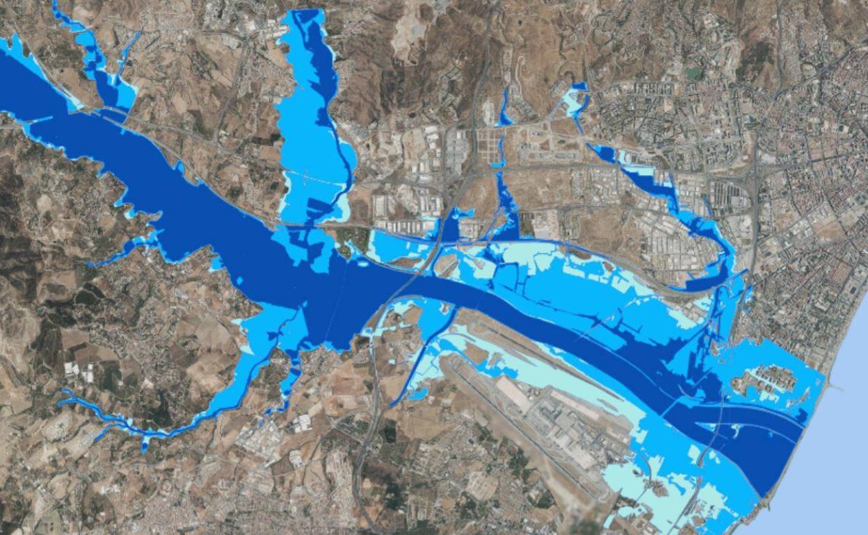 Huella de afección en el entorno del Guadalhorce de los nuevos mapas de riesgo de inundación que la Junta dio a conocer el año pasado. 