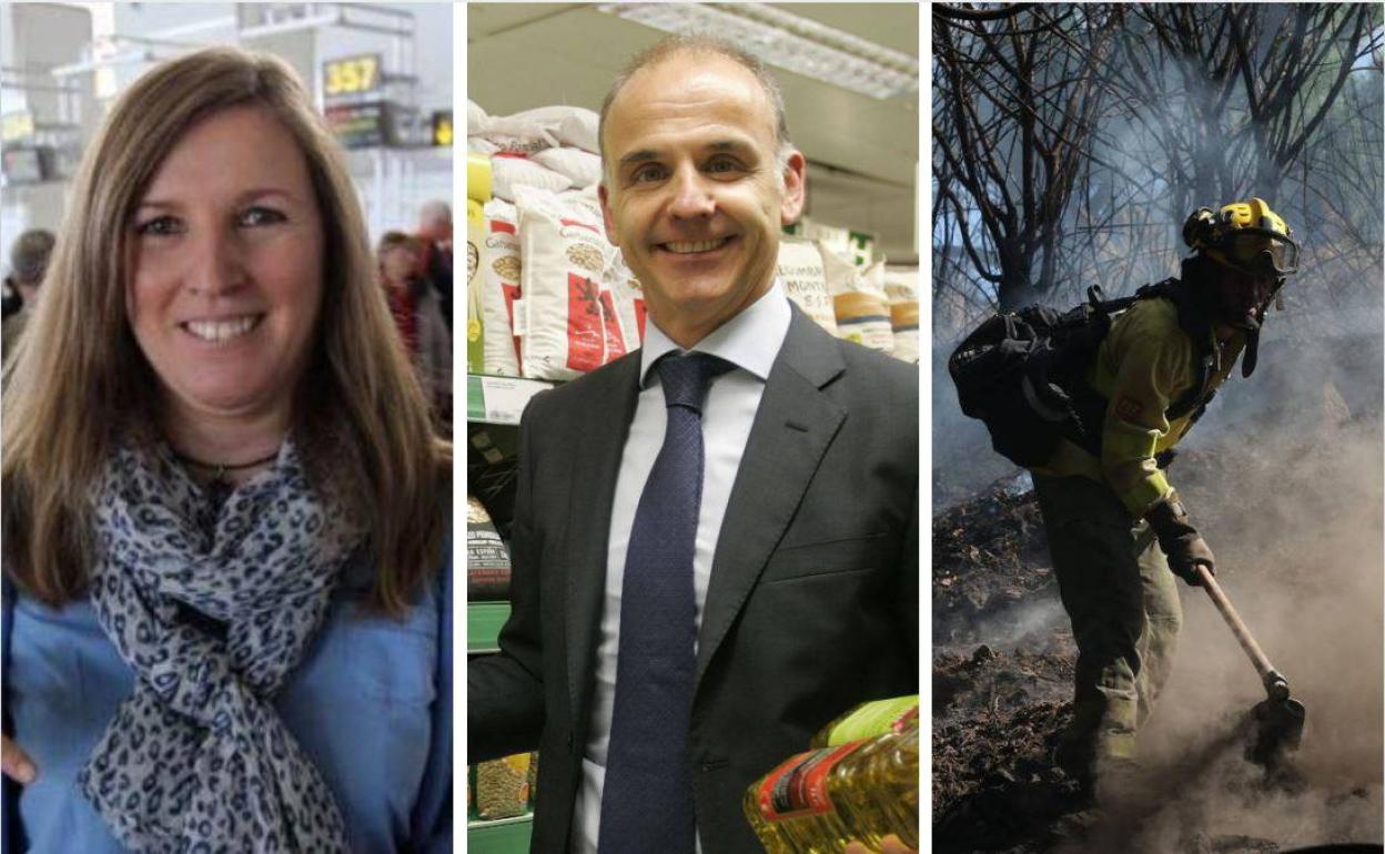 Pilar Martínez, Eduardo Barrero y una imagen de un bombero en el incendio de Sierra Bermeja.