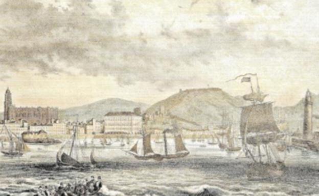 'Málaga'. Vista tomada desde la entrada del puerto. (1850). Dib. Chaman y Poyatos.