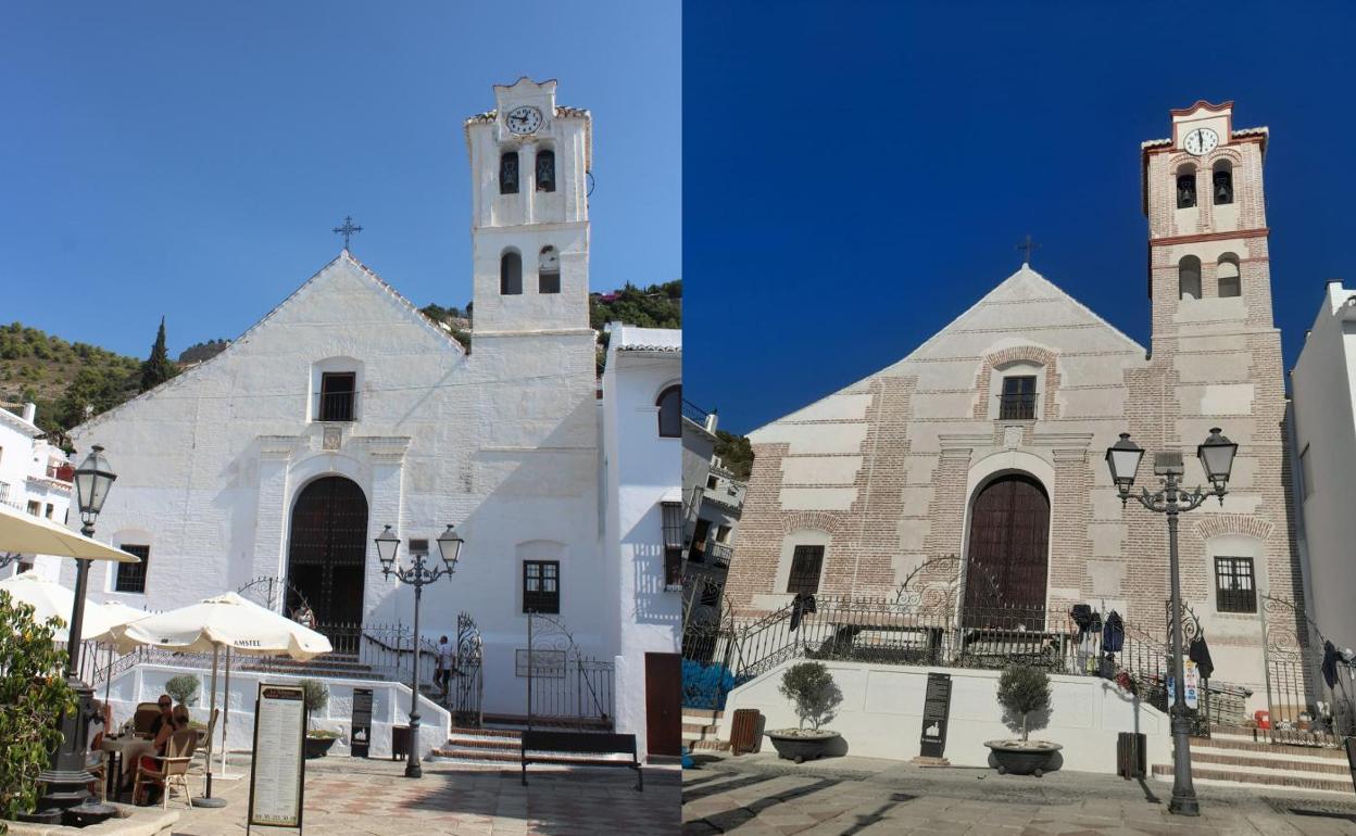 Imagen del antes y el después de cómo ha quedado la iglesia de Frigiliana tras los trabajos de mejora en la fachada principal. 