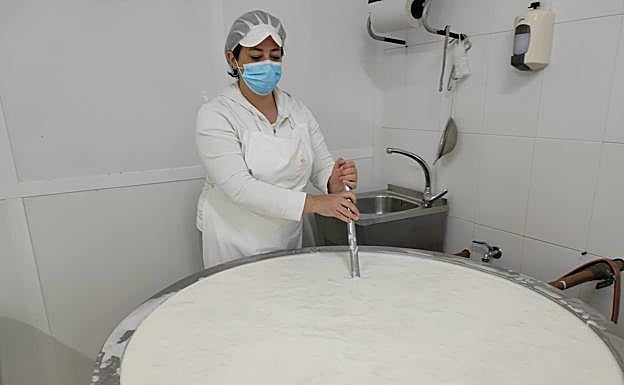 Imagen principal - Isabel Romero es la maestra quesera. Abajo, queso 'tiznao', madurado al carbón vegetal y la quesería, que está al sur del Torcal de Antequera.