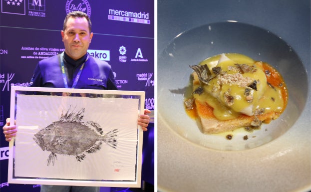 Fran Muñoz, con el diploma que le acredita como ganador. A la derecha, el plato presentado. 
