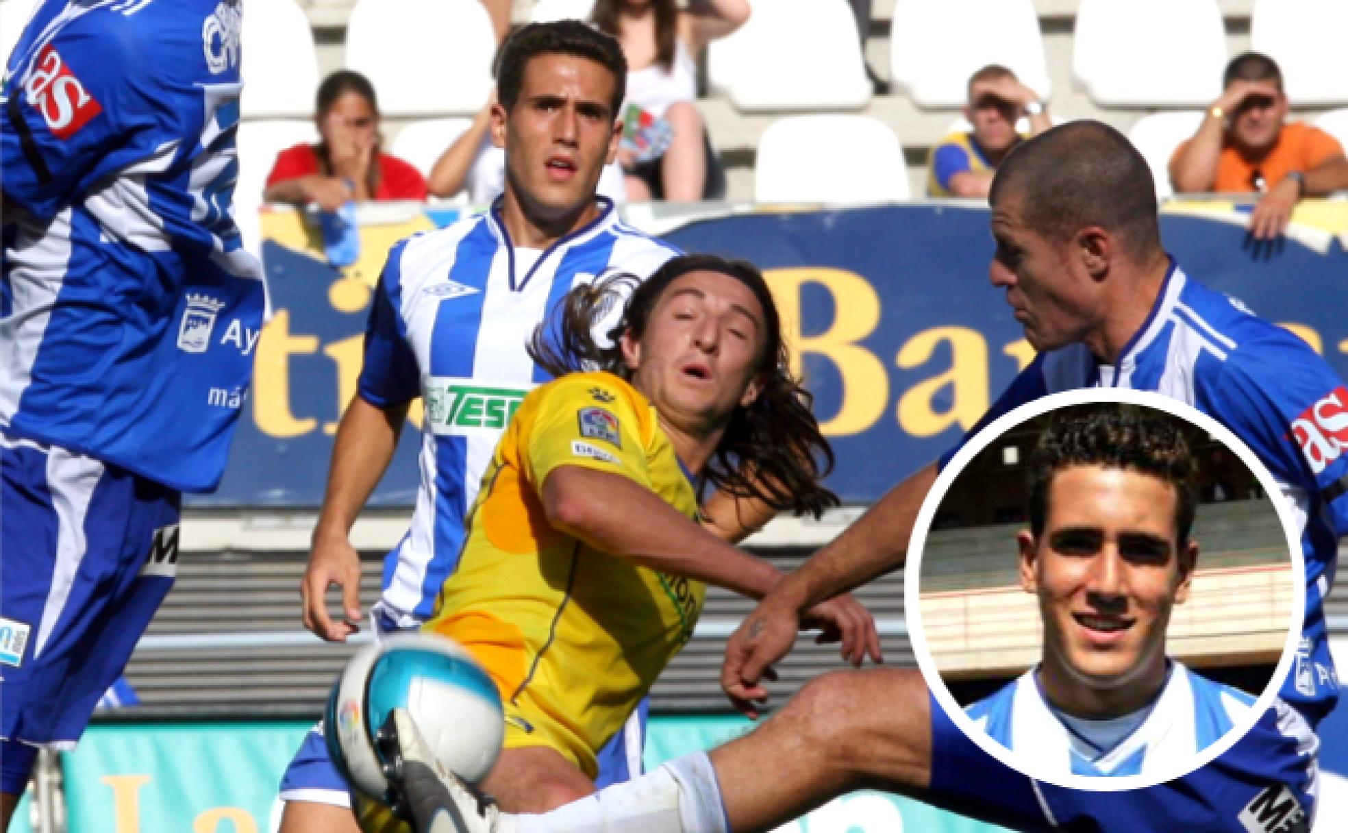 Kiko Olivas, en el centro tras Pavone en un jugada del Málaga-Cádiz en el que se logró la permanencia en Segunda en la temporada 2006-2007. En el círculo, posado como jugador del Málaga en 2006, cuando La Rosaleda aún estaba en su última gran reforma.