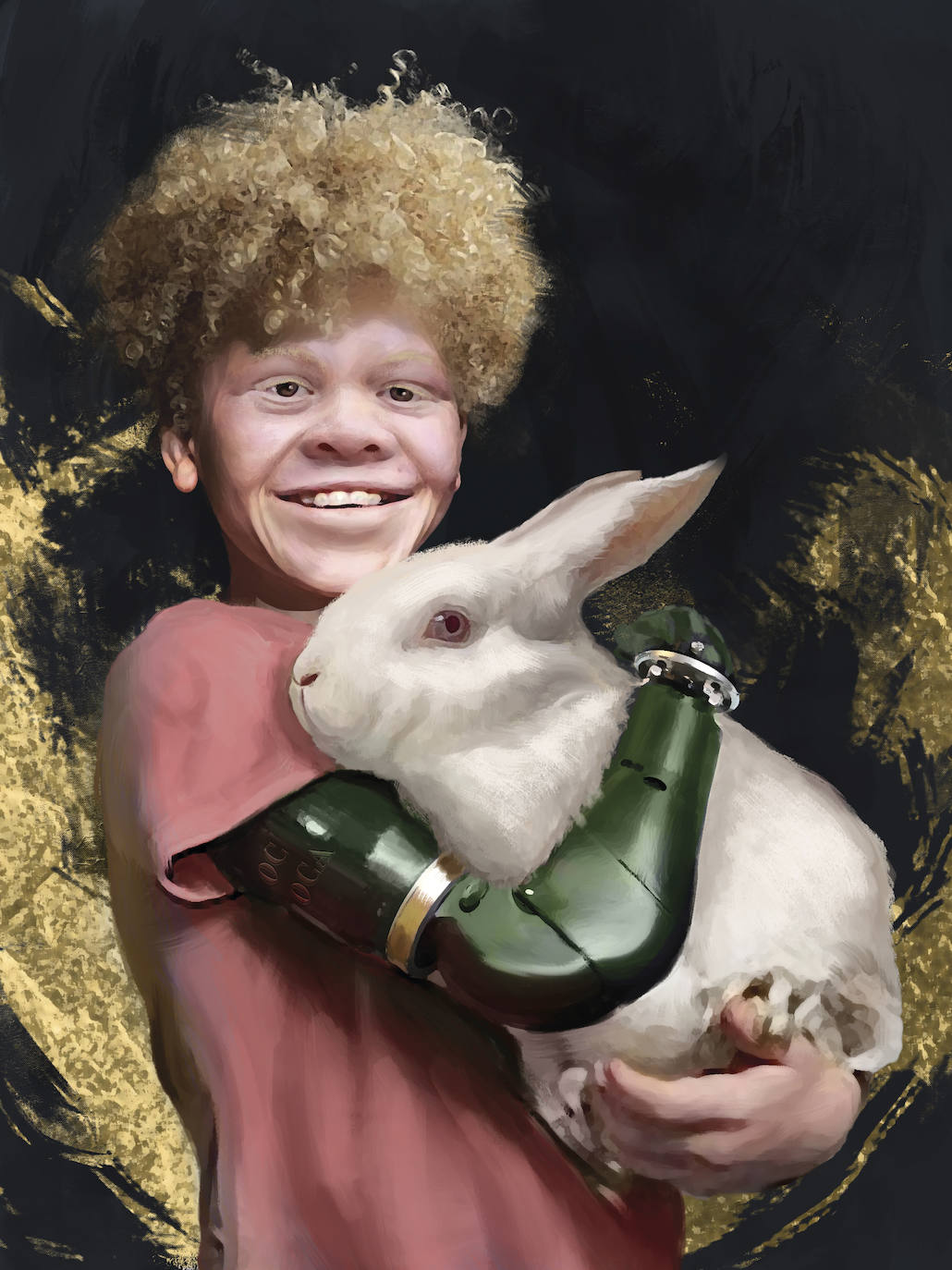 Un niño albino africano mutilado, con un conejo albino. 