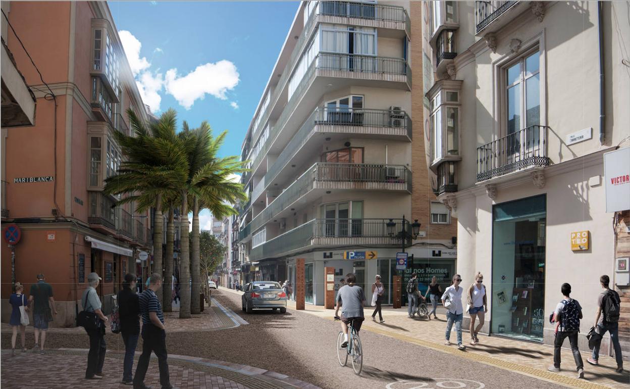 Recreación del proyecto de semipeatonalización de la calle Álamos. 