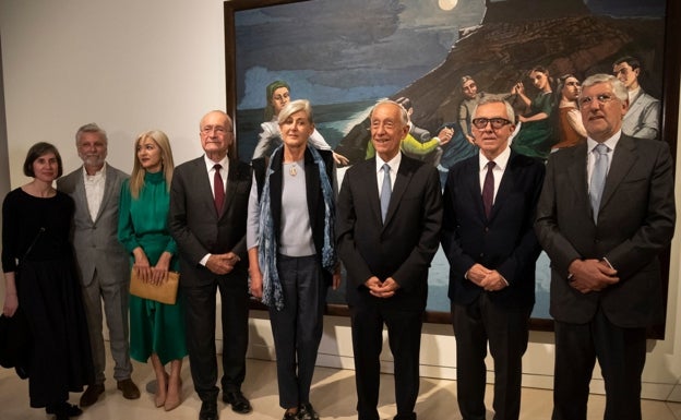 El presidente de Portugal, junto a las autoridades españolas y lusas, y el hijo de la artista, Nick Villing. 