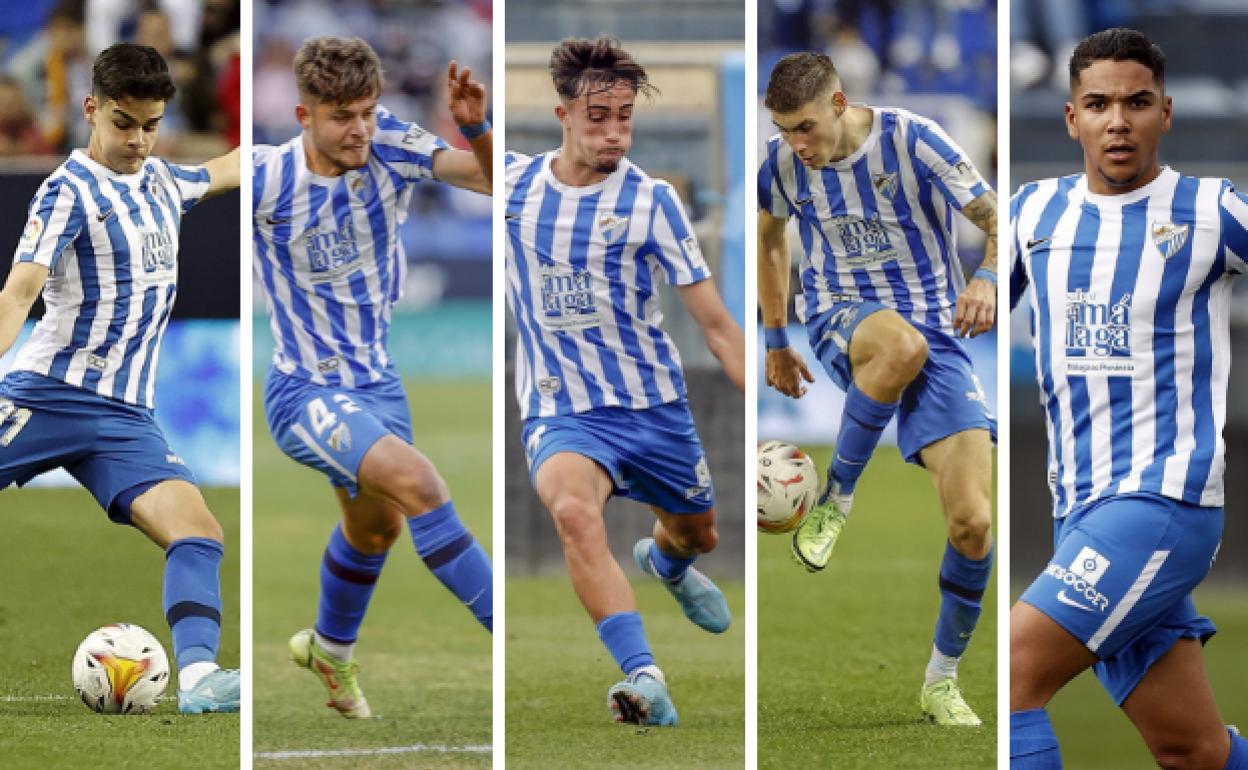 Los jugadores del Málaga Andrés, Dani Lorenzo, Larrubia, Roberto y Loren.